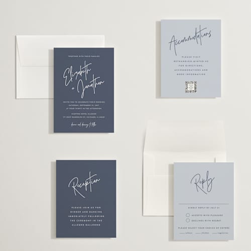 This is a navy petite wedding invitations with standard by JoAnn Jinks called marked printing on signature in petite
