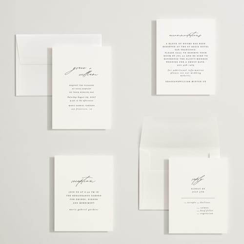 This is a cotton petite wedding invitations with standard by Angela Thompson called delicate script printing on signature in petite