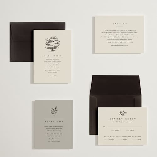 This is a dove petite wedding invitations with standard by Amy Kross called white oak printing on signature in petite
