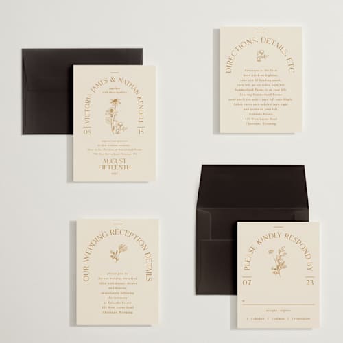 This is a cream petite wedding invitations with standard by Baumbirdy called floral type arch printing on signature in petite