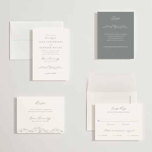 This is a pewter petite wedding invitations with standard by Sarah Brown called mountainview printing on signature in petite