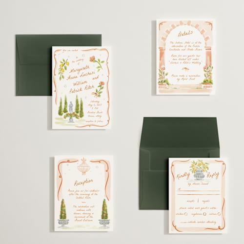 This is a flame petite wedding invitations with standard by Pati Cascino called giardino printing on signature in petite