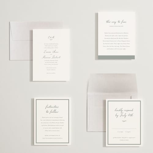 This is a sage petite wedding invitations with standard by Sara Hicks Malone called signature monogram printing on signature in petite