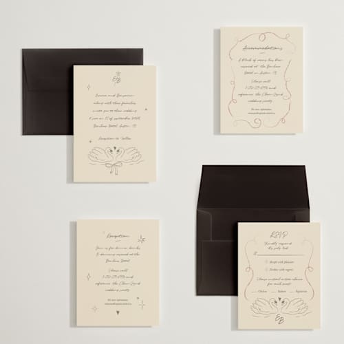 This is a buttercream petite wedding invitations with standard by Helena Vitto called the swan printing on signature in petite