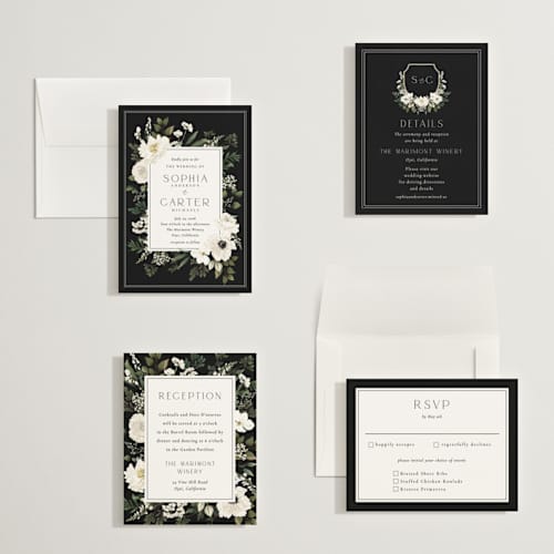 This is a black tie petite wedding invitations with standard by Susan Moyal called botanical love printing on signature in petite