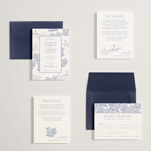 This is a periwinkle petite wedding invitations with standard by Jenna Holcomb called coastal toile printing on signature in petite