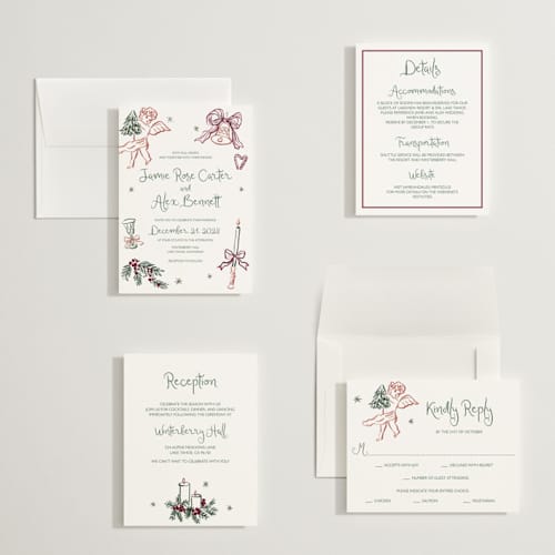 This is a enchanted holiday petite wedding invitations with standard by Cass Loh called holidays ink doodles printing on signature in petite