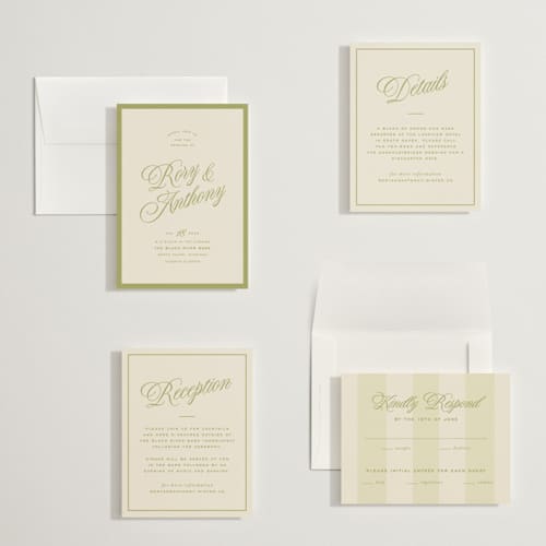 This is a olive petite wedding invitations with standard by Ellen Schlegelmilch called rory printing on signature in petite