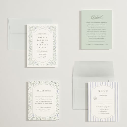 This is a periwinkle petite wedding invitations with standard by Kristen Smith called delicate vines printing on signature in petite