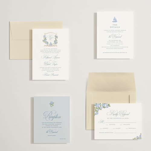 This is a ocean petite wedding invitations with standard by Creo Study called coastal crest printing on signature in petite