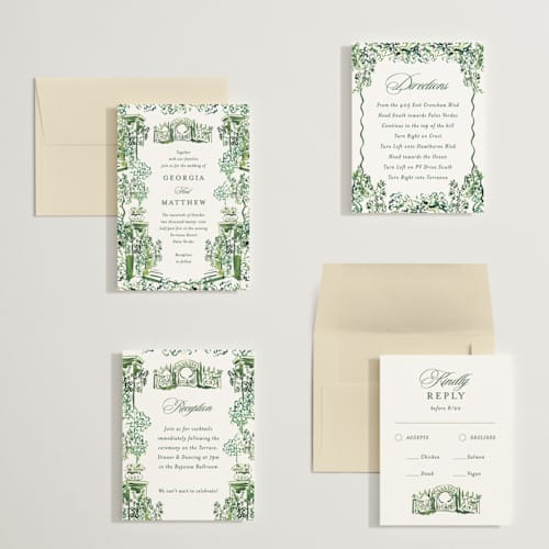 This is a sap petite wedding invitations with standard by Becky Nimoy called gates and pillars printing on signature in petite