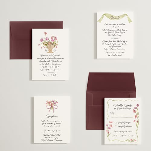 This is a deep blush petite wedding invitations with standard by Pati Cascino called barolo printing on signature in petite