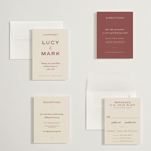 This is a rust petite wedding invitations with standard by Ani Somi called rose ink printing on signature in petite