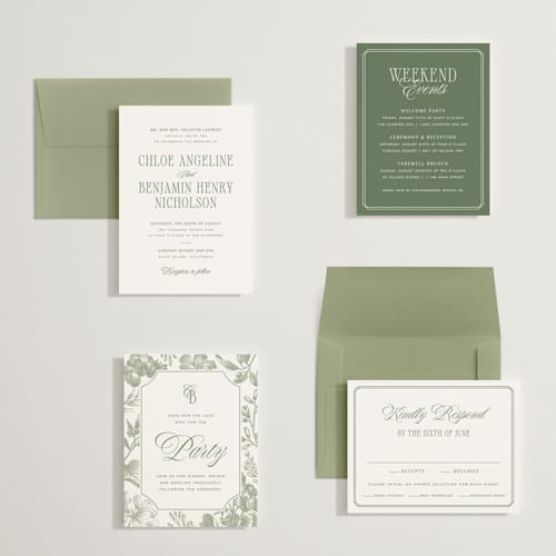 This is a moss petite wedding invitations with standard by Kelly Schmidt called woods printing on signature in petite