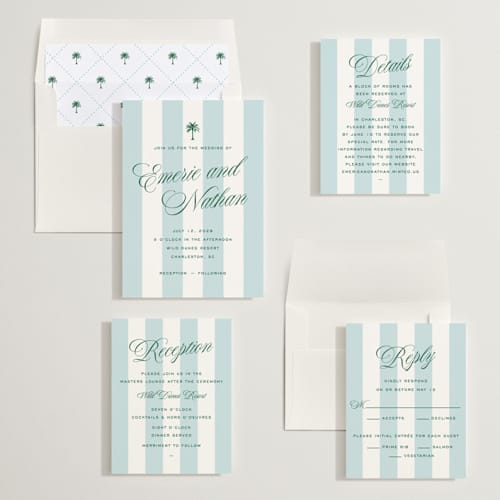 This is a low tide wedding invitations with standard by Susan Zinader called palm stripes printing on signature in standard