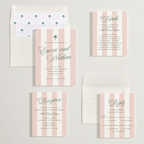 This is a taffy wedding invitations with standard by Susan Zinader called palm stripes printing on signature in standard