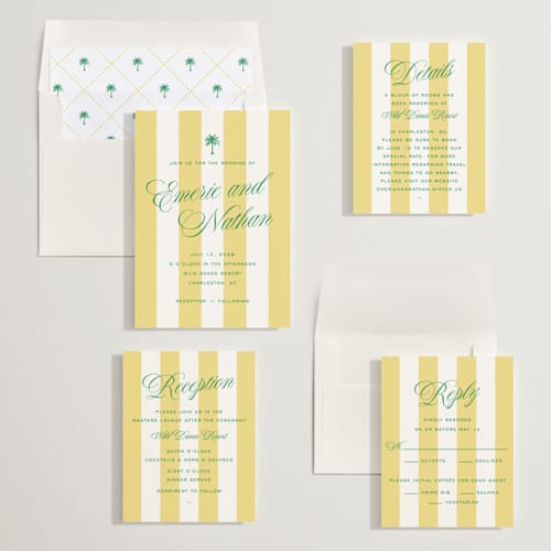 This is a limoncello wedding invitations with standard by Susan Zinader called palm stripes printing on signature in standard