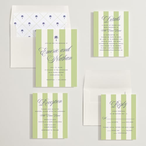 This is a key lime wedding invitations with standard by Susan Zinader called palm stripes printing on signature in standard