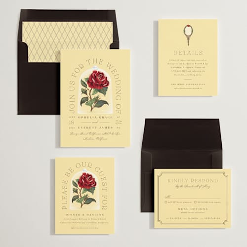 This is a mimosa wedding invitations with standard by Leah Bisch called enchanted rose from disney's beauty & the beast printing on signature in standard