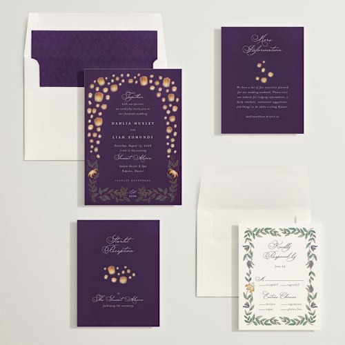 This is a twilight wedding invitations with standard by Simona Camp called disney's tangled lanterns printing on signature in standard