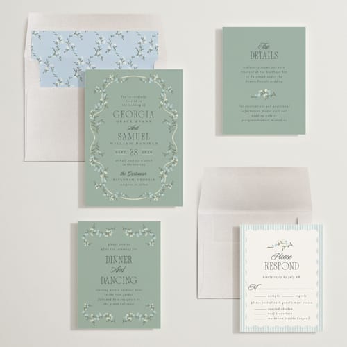 This is a buttermint wedding invitations with standard by Laura Hankins called trailing garden printing on signature in standard