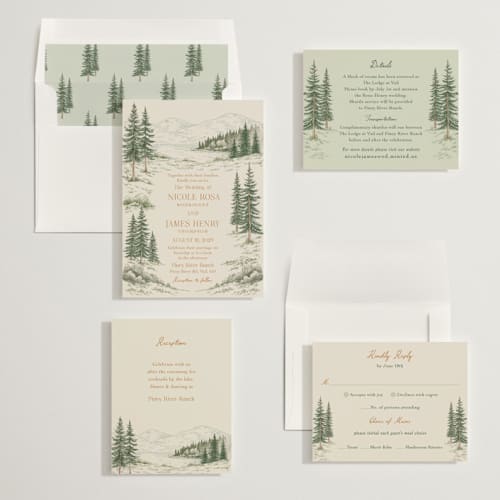 This is a forest wedding invitations with standard by Elly called whispering pines printing on signature in standard
