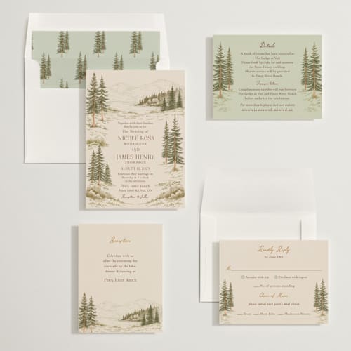 This is a cedar wedding invitations with standard by Elly called whispering pines printing on signature in standard