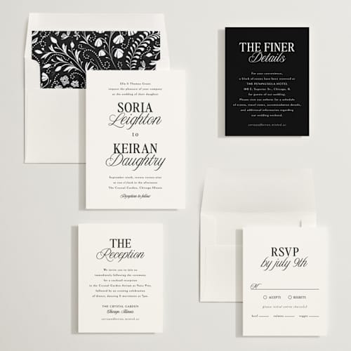 This is a black tie wedding invitations with standard by Melanie Kosuge called soria printing on signature in standard