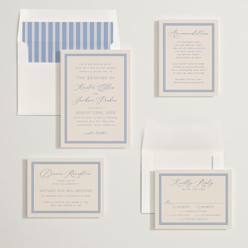 This is a periwinkle wedding invitations with standard by Hooray Creative called twin border printing on signature in standard