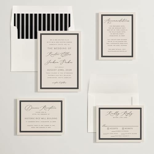 This is a black tie wedding invitations with standard by Hooray Creative called twin border printing on signature in standard