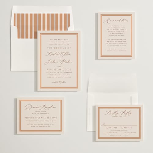 This is a citrus wedding invitations with standard by Hooray Creative called twin border printing on signature in standard