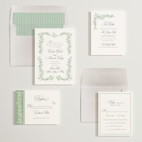 This is a mint wedding invitations with standard by Melinda Denison called romantic garden printing on signature in standard