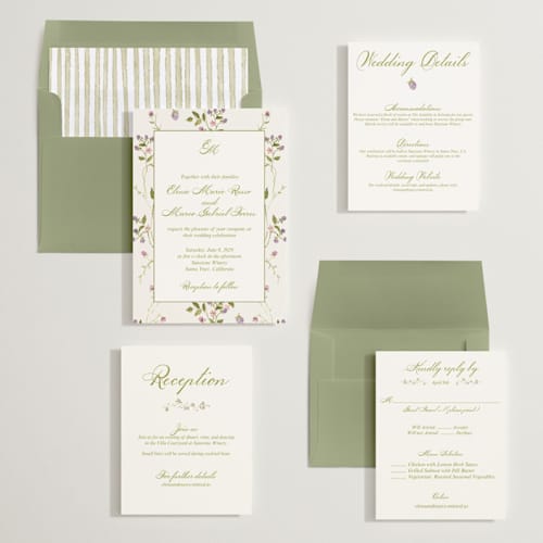 This is a cream wedding invitations with standard by Nicole Dragomir called wild berry watercolor printing on signature in standard