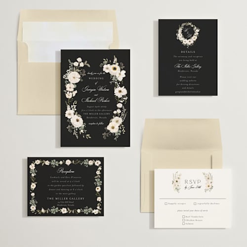 This is a black tie wedding invitations with standard by Susan Moyal called cherished printing on signature in standard