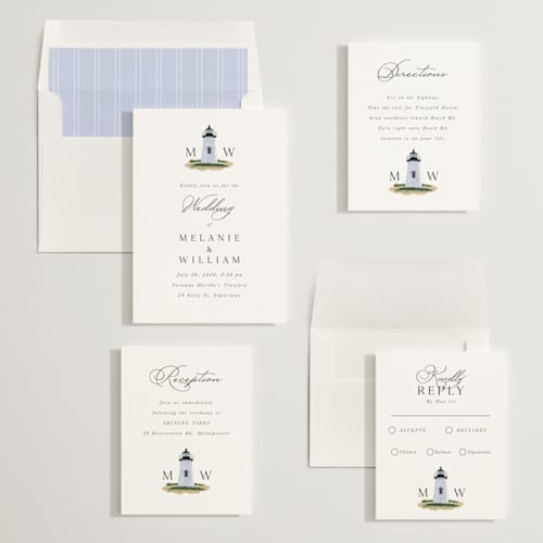 This is a snow wedding invitations with standard by Becky Nimoy called east coast lighthouse printing on signature in standard