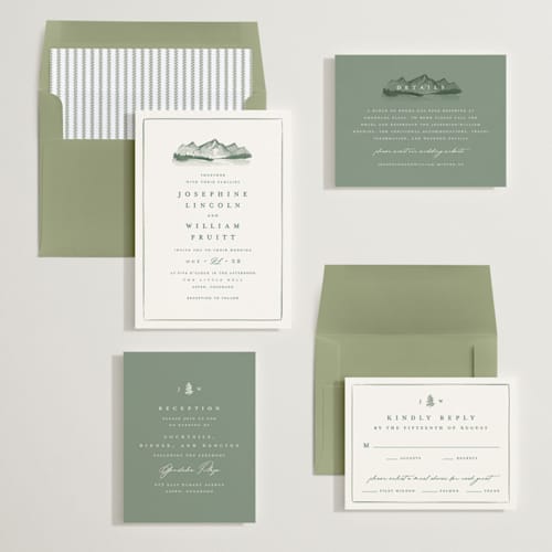 This is a pine wedding invitations with standard by Amy Kross called mountain ridge printing on signature in standard