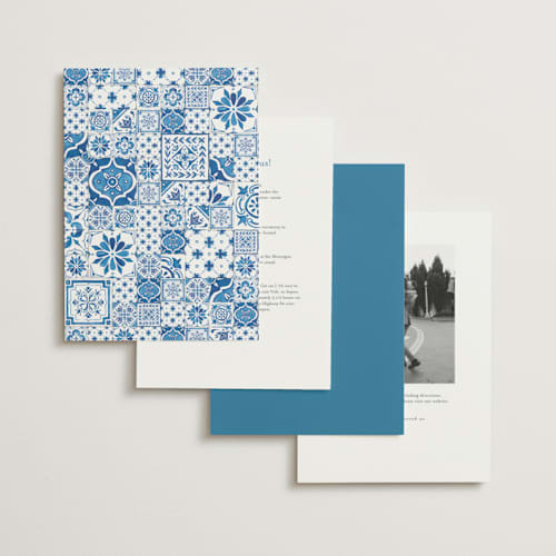 This is a navy wedding invitations with standard by Anastasia Makarova called watercolor tile printing on signature in standard