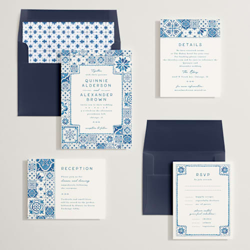 This is a navy wedding invitations with standard by Anastasia Makarova called watercolor tile printing on signature in standard
