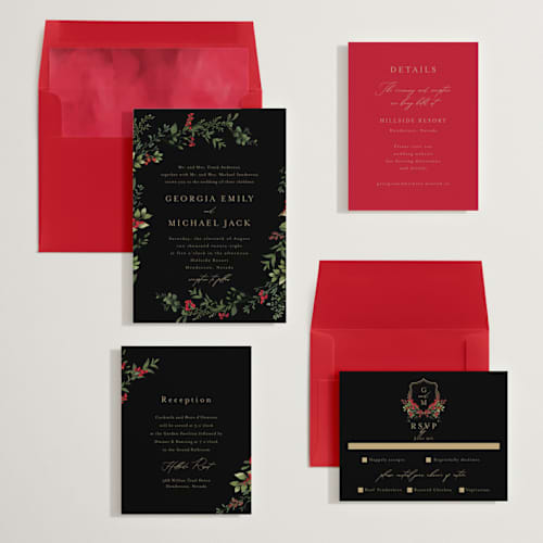 This is a scarlet wedding invitations with standard by Susan Moyal called romantic florals printing on signature in standard