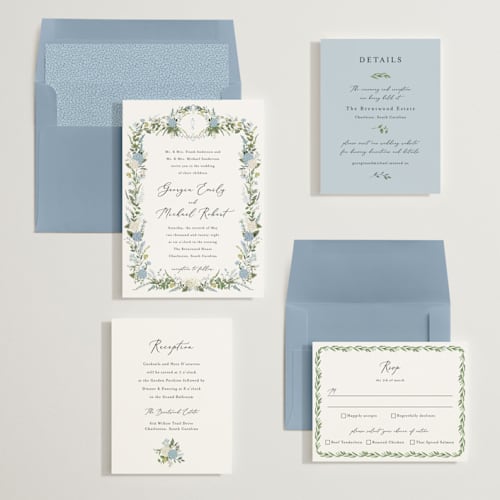 This is a coastal wedding invitations with standard by Susan Moyal called hydrangea vine printing on signature in standard