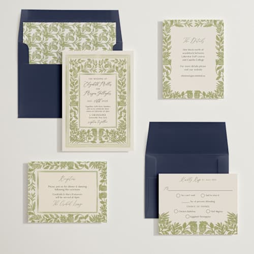This is a olive wedding invitations with standard by Elly called porcelain floral printing on signature in standard