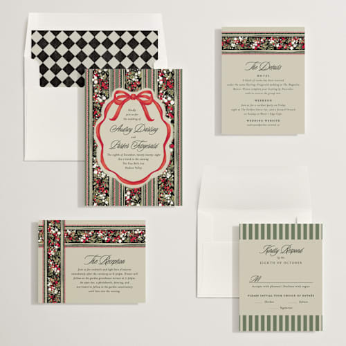 This is a ruby wedding invitations with standard by Jackie Crawford called holiday ribbon printing on signature in standard