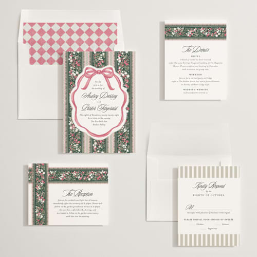 This is a peony wedding invitations with standard by Jackie Crawford called holiday ribbon printing on signature in standard