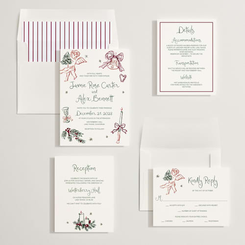 This is a enchanted holiday wedding invitations with standard by Cass Loh called holidays ink doodles printing on signature in standard
