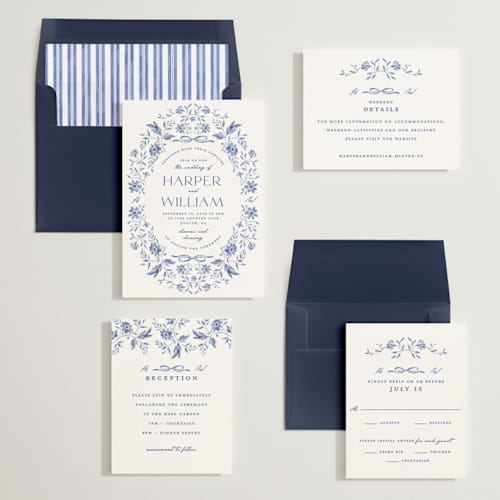 This is a blue willow wedding invitations with standard by Susan Zinader called daisy toile printing on signature in standard