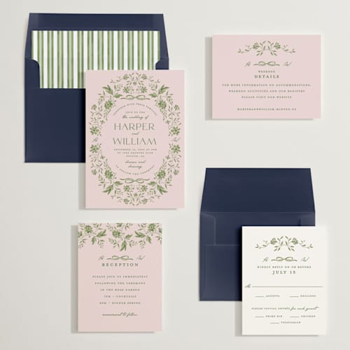 This is a english ivy wedding invitations with standard by Susan Zinader called daisy toile printing on signature in standard