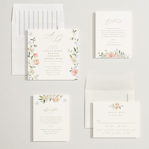 This is a peach wedding invitations with standard by Everett Paper Goods called garden view printing on signature in standard