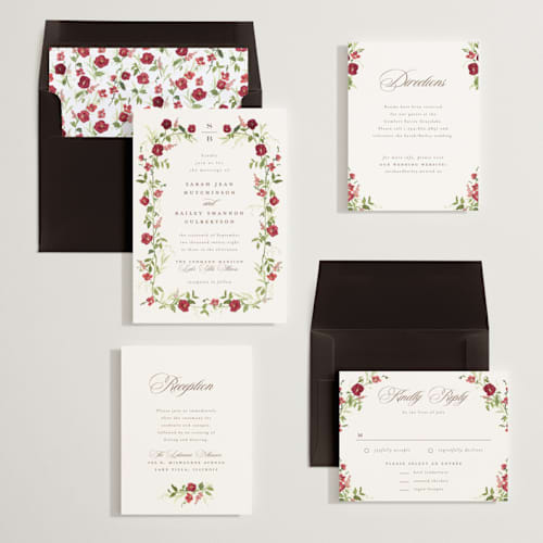 This is a cabernet wedding invitations with standard by Everett Paper Goods called wildflower trellis printing on signature in standard