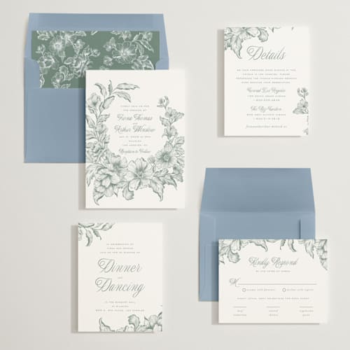 This is a sage wedding invitations with standard by Leah Bisch called wreath in bloom printing on signature in standard