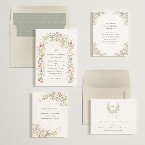 This is a berry wedding invitations with standard by Lori Wemple called flowering arch printing on signature in standard
